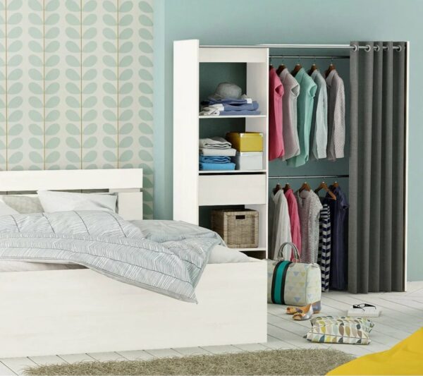 Armoire dressing extensible MOKA Blanc perle et rideau gris