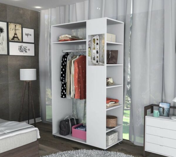 Meuble Dressing Penderie Blanc 8 Niches Miroir Roulettes L 100 H 174 P 45 Cm