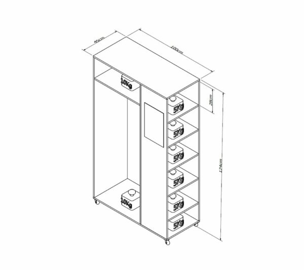 Meuble Dressing Penderie Blanc 8 Niches Miroir Roulettes L 100 H 174 P 45 Cm