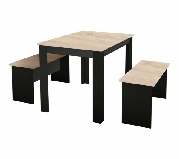 Ensemble table à manger et 2 bancs PASTA noir et imitation chêne