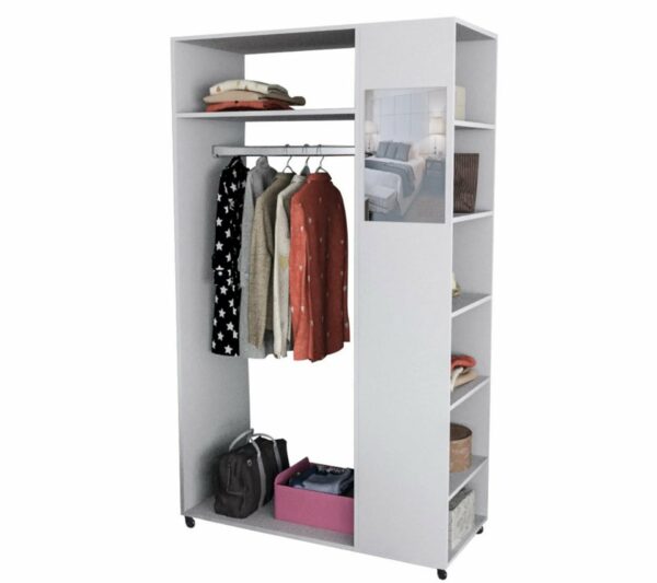 Meuble Dressing Penderie Blanc 8 Niches Miroir Roulettes L 100 H 174 P 45 Cm